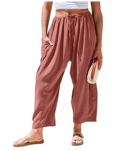 Elastic Pleated High Waist Cotton Linen Wide Leg Pants Brick Red GlamzKart