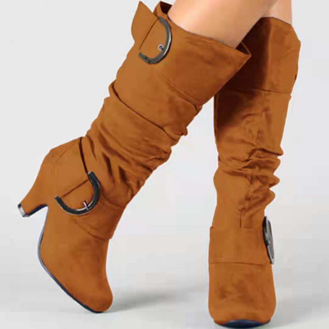 Fashion Brushed Velvet Spring And Autumn Women's Boots Brown GlamzKart