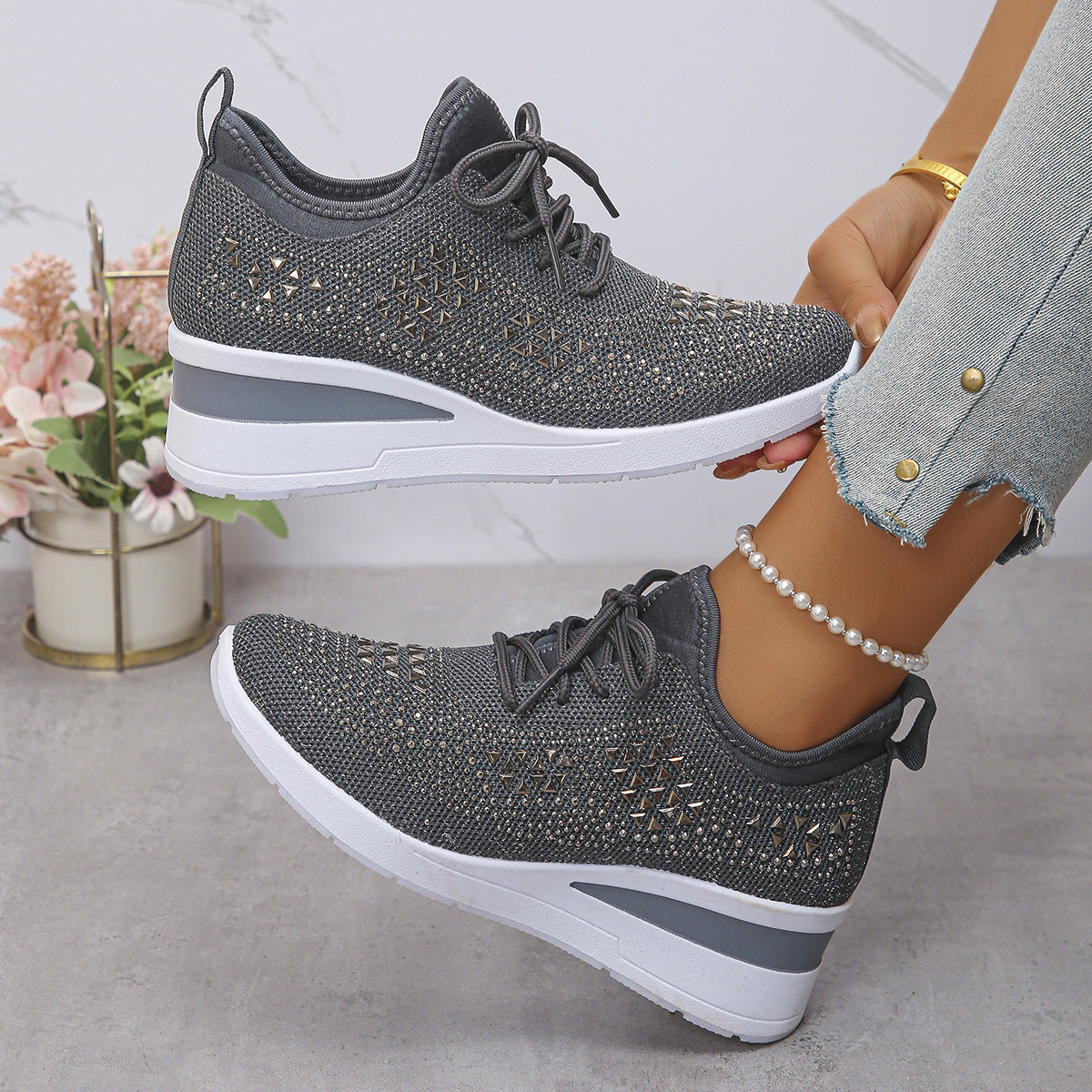 Rhinestone Lace Up Fashion Style Daily Commuter Women's Casual Shoes GlamzKart