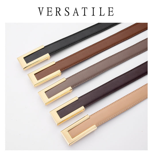 Cowhide Retro Black All-match Decorative Skirt Suit Jeans Leather Thin Belt GlamzKart