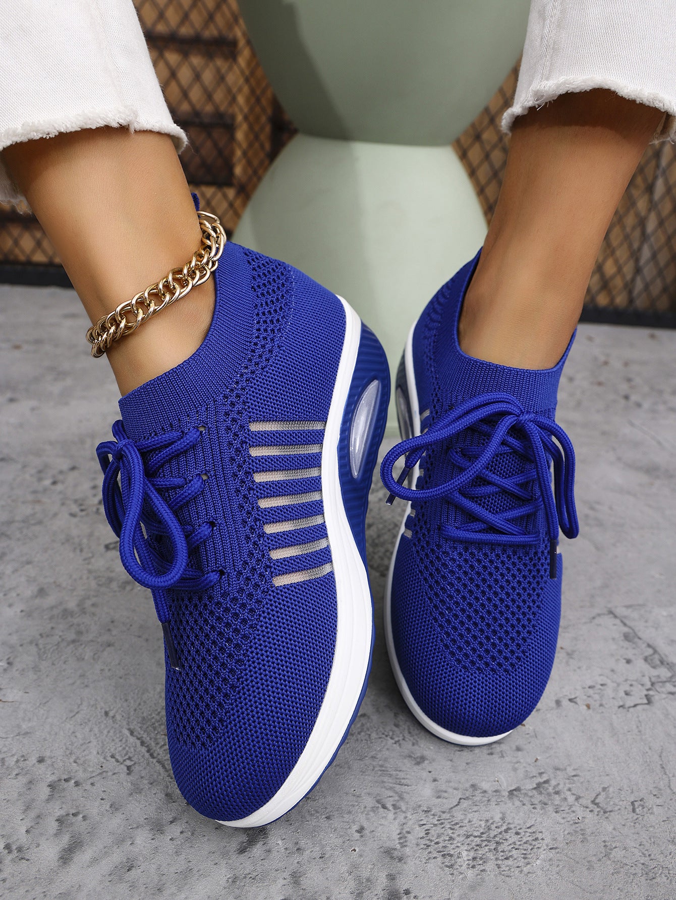 Spring And Autumn New Lace-up Slip-on Wedge Flying Woven Sports Shoes Women Blue GlamzKart