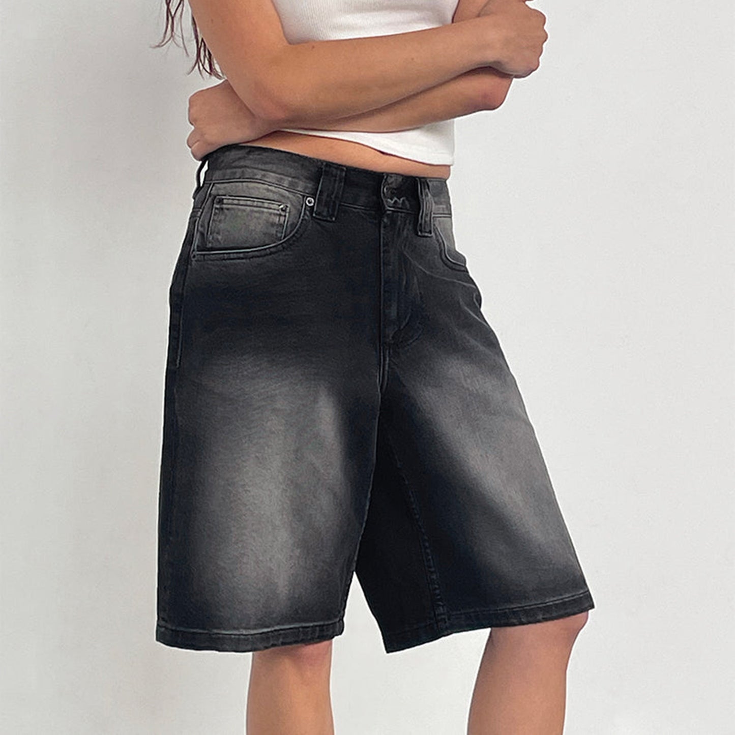 European And American Denim Shorts Bullet-free Fitted Figure Flattering Women's Pants Dark Gray GlamzKart