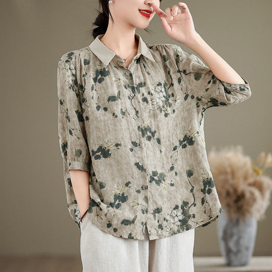 Women's Short-sleeved Shirt Cotton And Linen Style Top GlamzKart