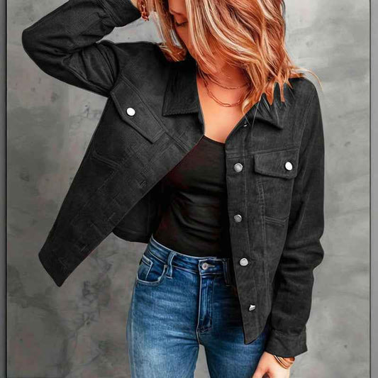 Women's Corduroy Long Sleeve Jacket - Casual Button-Up Coat With Flap Pockets
