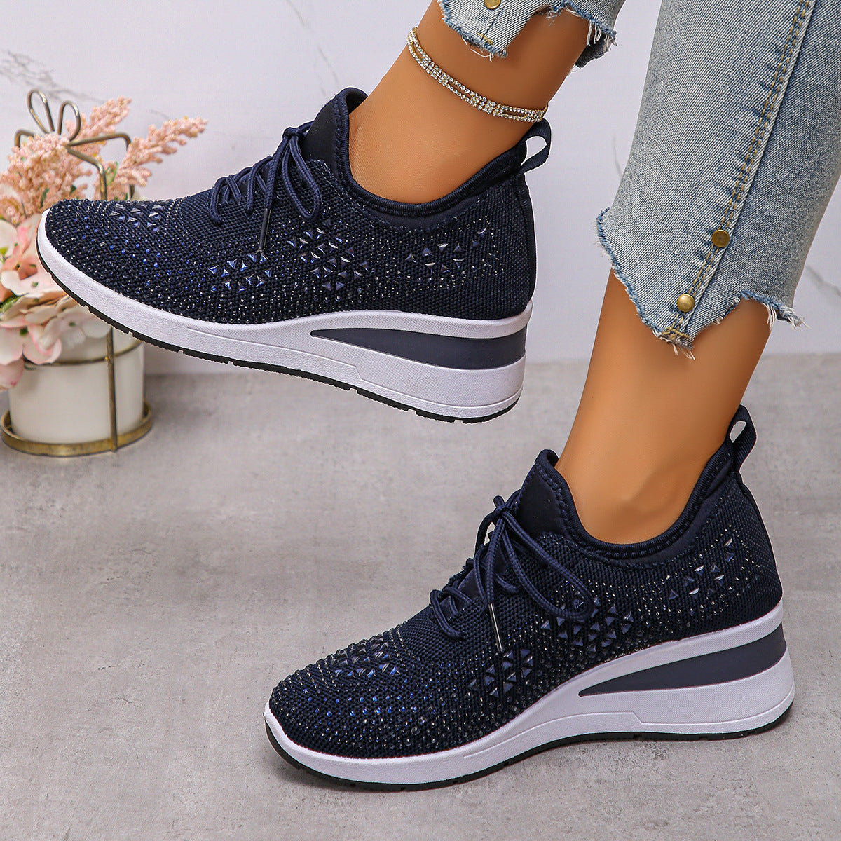 Rhinestone Lace Up Fashion Style Daily Commuter Women's Casual Shoes Dark Blue GlamzKart