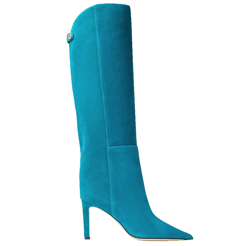 Simple European And American Style Fashion Catwalk Pointed-toe Stiletto Straight Boots Blue Suede GlamzKart