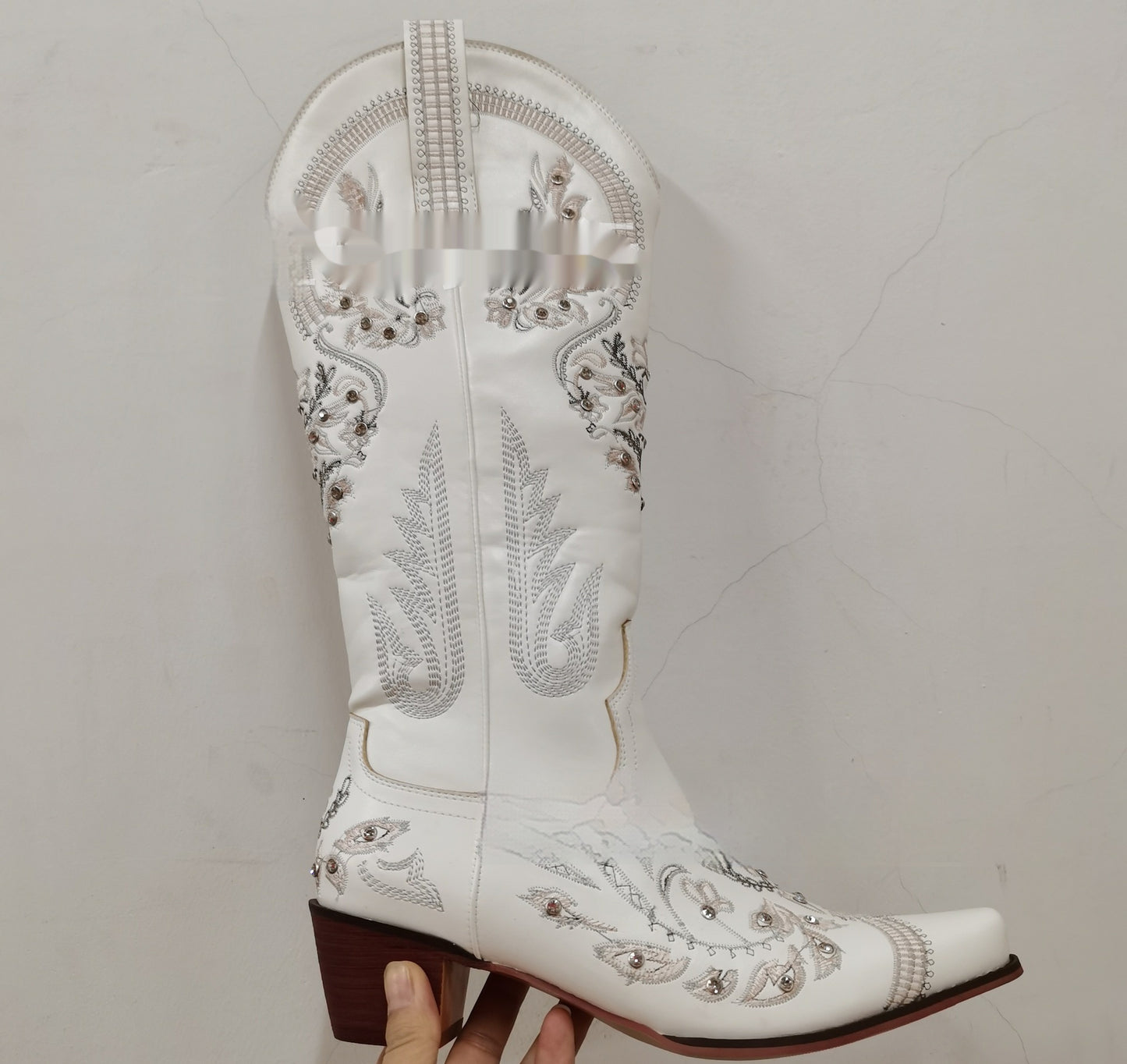 Embroidered Rhinestone Thick High Heel Side Zipper High-top Boots White GlamzKart