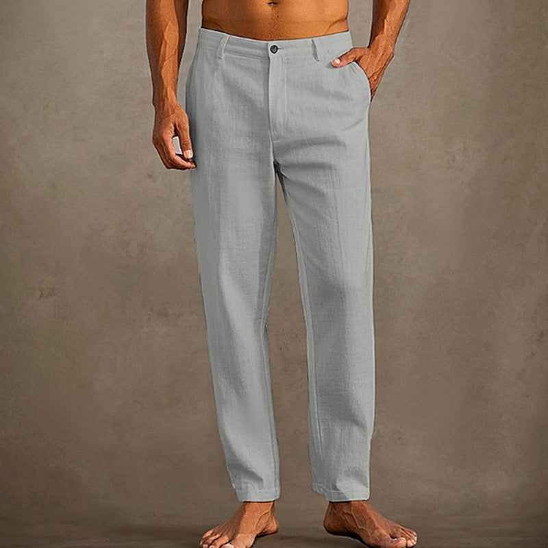 Men's Linen Beach Diagonal Pocket Cool Comfortable Breathable Skinny Pants Light Gray GlamzKart