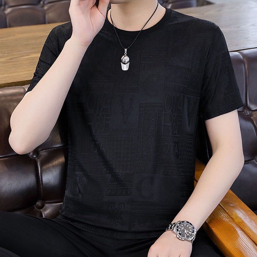 New Ice Silk Men's Short Sleeve All-match Fashion Round Neck T49 Black GlamzKart