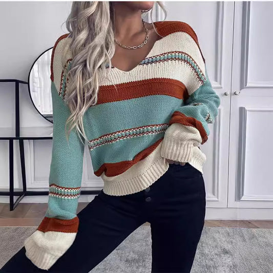 Women's V-neck Casual Loose Contrast Color Striped Pullover GlamzKart