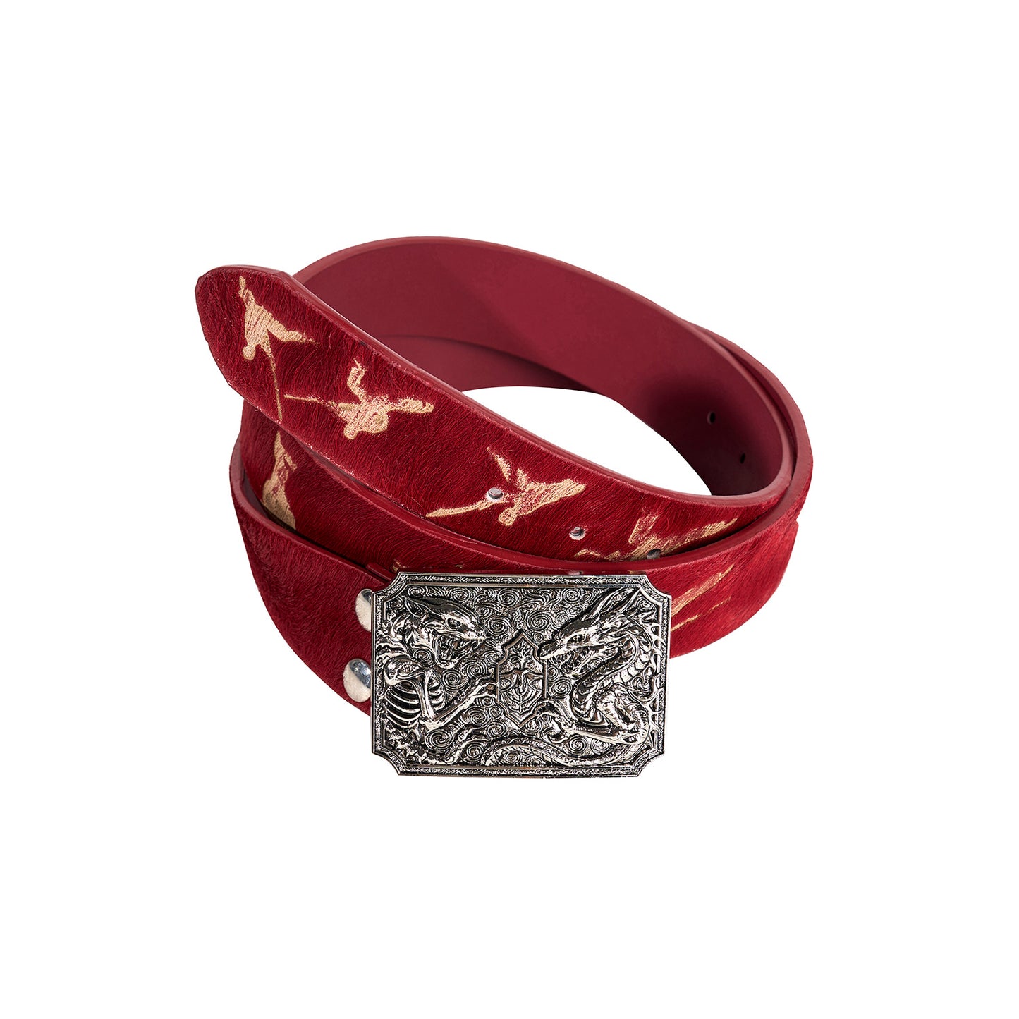 Character Horsehair Carving Double Dragon Metal Buckle Belt Red GlamzKart
