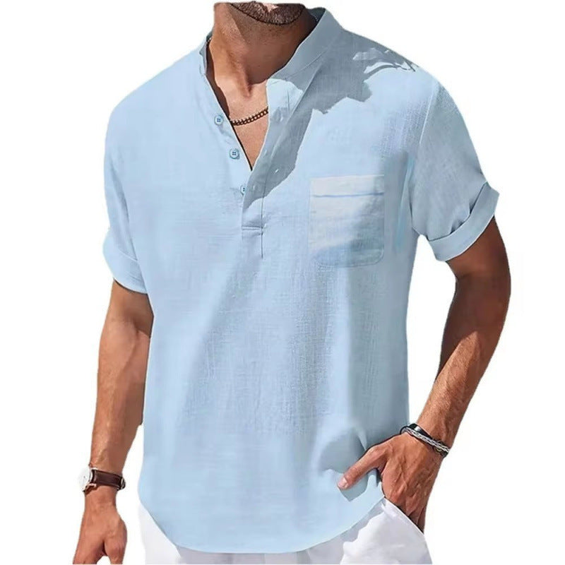 Cotton Linen Linen Men's Short-sleeved T-shirt Light Blue GlamzKart