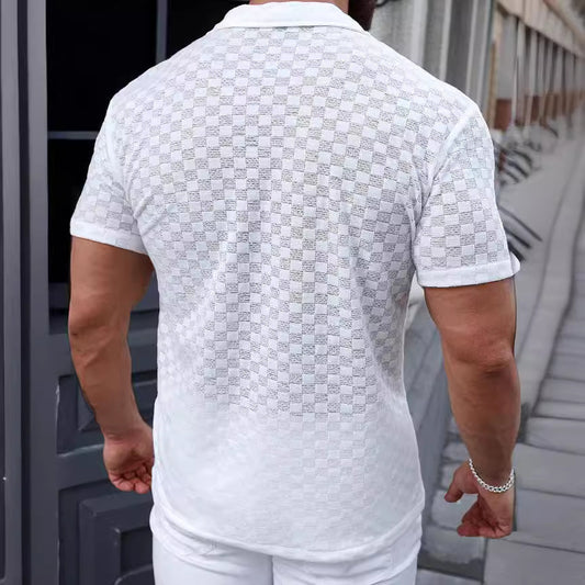 Men's Solid Color Lace Hollow Comfort Casual Shirt GlamzKart