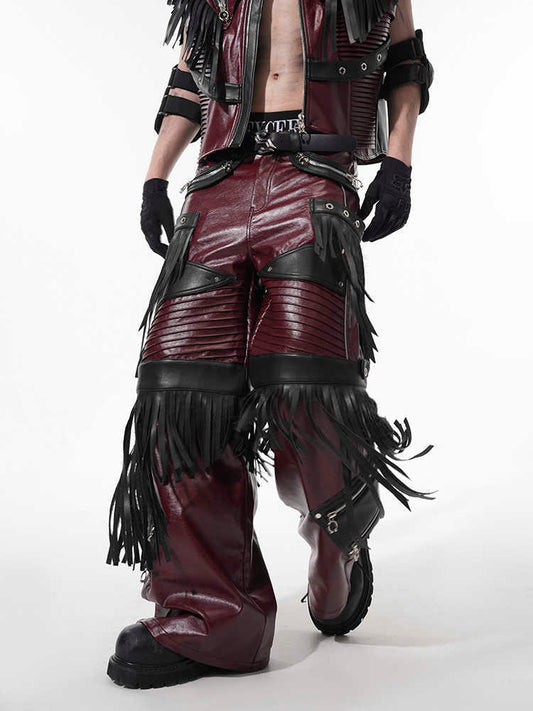 Deconstructed Design Red PU Leather Pants Male GlamzKart