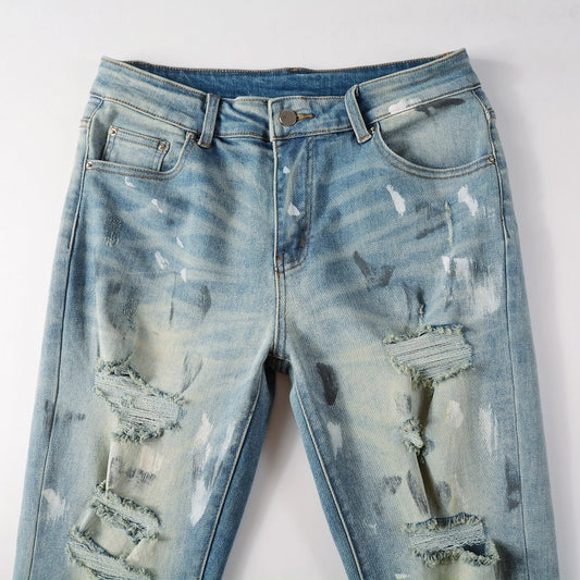 Vintage Paint Broken Holes Pants Men's Jeans GlamzKart