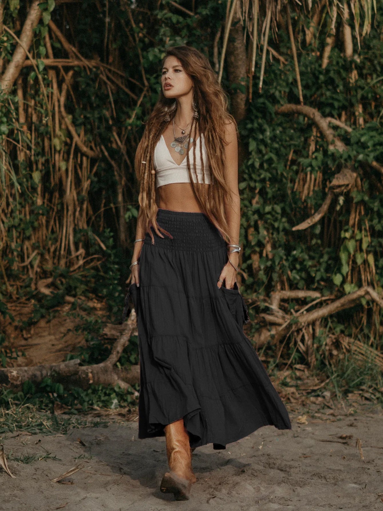Casual Women Bohemian Loose Solid Skirt Black GlamzKart