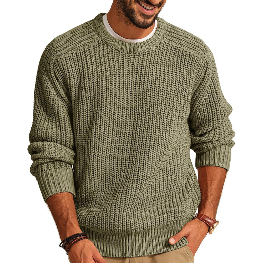 Men's Solid Color Long Sleeve Round Neck Fashion Sweater Loose Retro Sweater Light Green GlamzKart