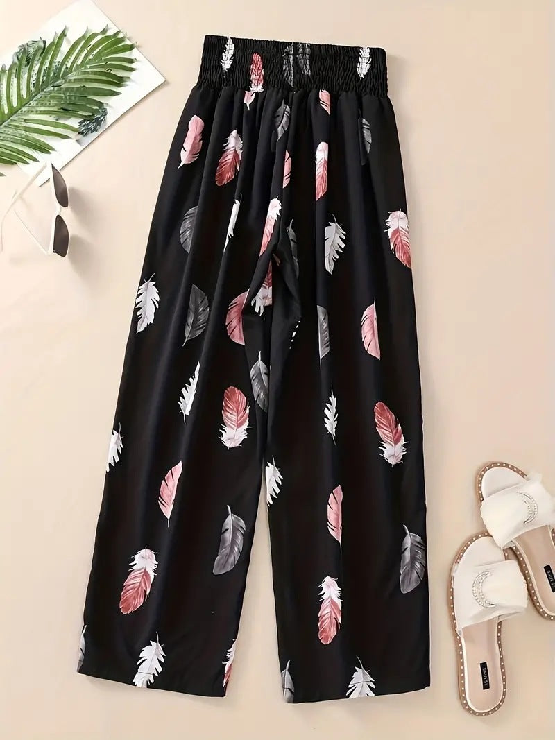Casual Flower Pants Spring And Summer Thin High Waist Slimming Ice Silk Elastic Floral Straight Black GlamzKart