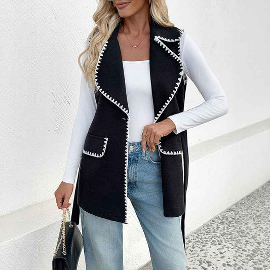 Casual Simple Lace Cardigan Lapel Contrast Color Trim Vest Coat Women