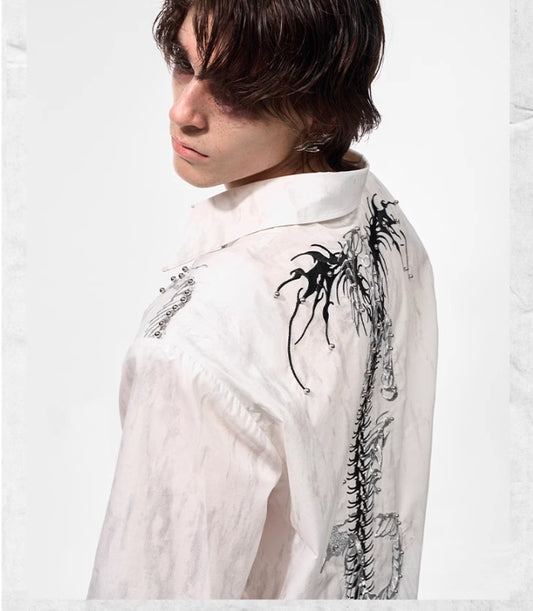 Spine Snake-shaped Shoulder Pad White Shirt Men's Beaded Gold-plated Short Sleeve GlamzKart