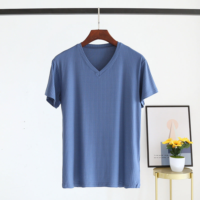 Men's Summer Jacquard Modal Outerwear T-shirt Pajamas Solid Color Sweat-absorbent Cool Breathable Fabric V neck blue GlamzKart