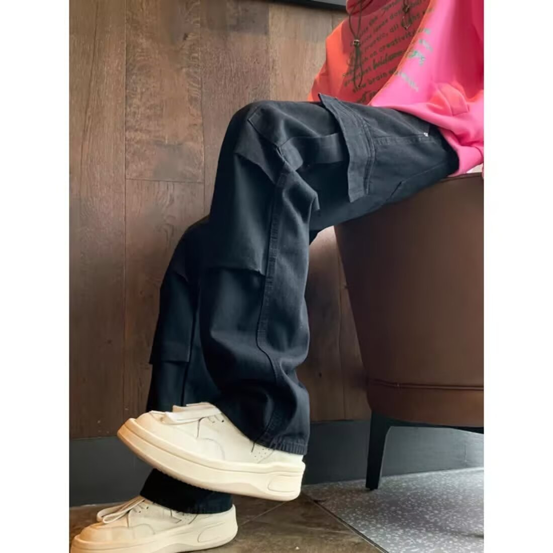 Loose Straight Heavy Stone Washed Retro Casual Denim Trousers Black GlamzKart