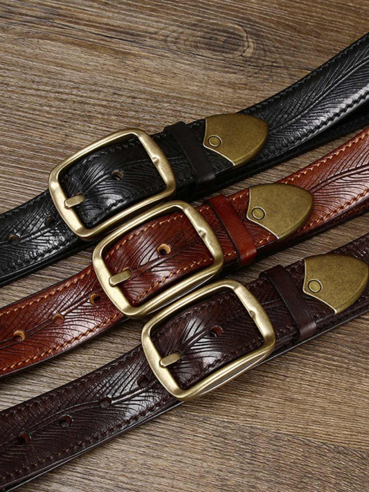 3.8CM Wide Thick Double-sided Cowhide Brass Buckle Belt GlamzKart
