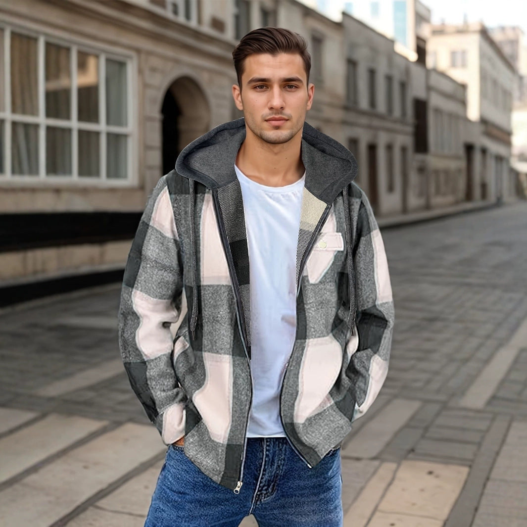 Men's Flannel Jacket Zipper Hooded Jacket GlamzKart