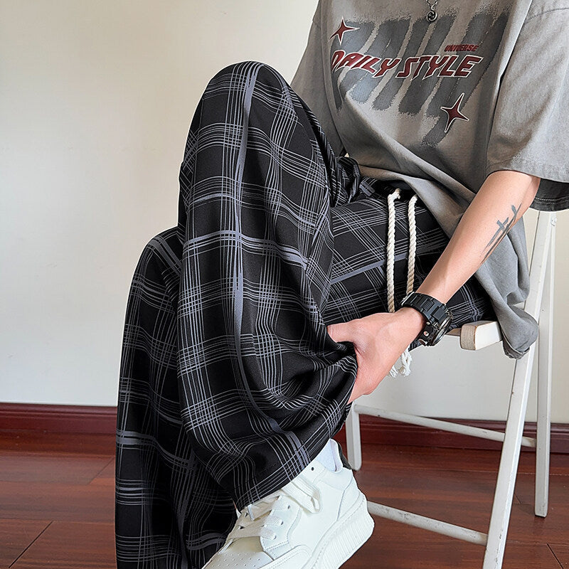 Plaid Ice Silk Men's Summer Thin Cool Casual Trousers Black GlamzKart