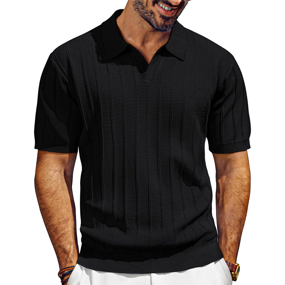 Men's Breathable V-neck Hollow Lapel Knitwear Black GlamzKart