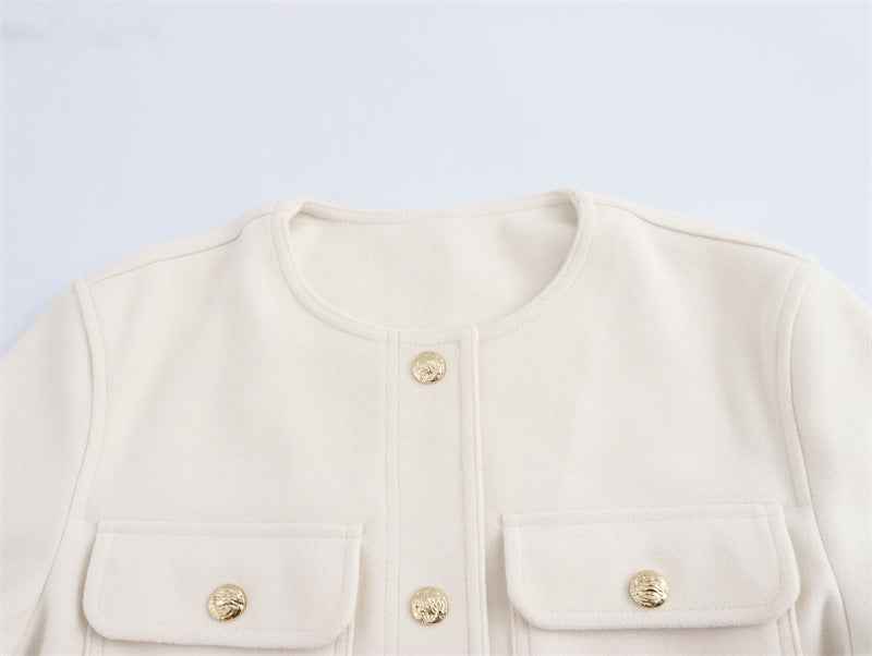 Temperament Crew Neck Long Sleeve Pocket Decorative Jacket Coat