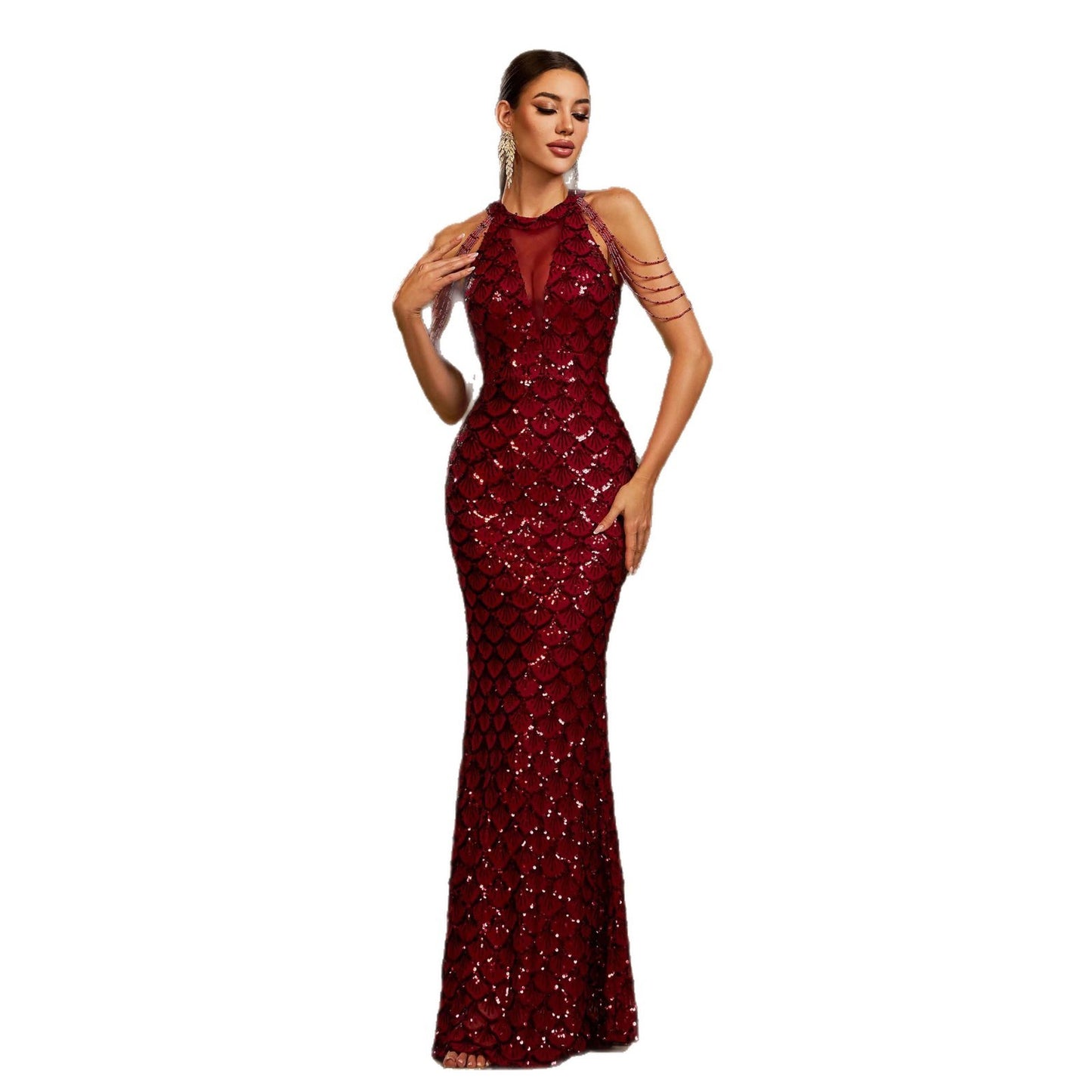 Elegant Sleeveless Round Neck Sequins Slim Sheath Banquet Fishtail Dress GlamzKart