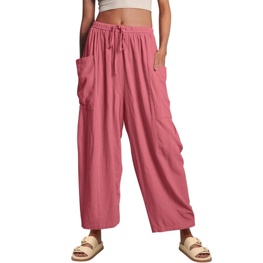 Elastic Pleated High Waist Cotton Linen Wide Leg Pants GlamzKart