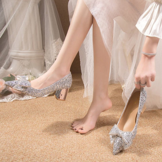 Crystal Sequins Wedding Xiuhe Chunky Heel Pointed-toe Shoes GlamzKart