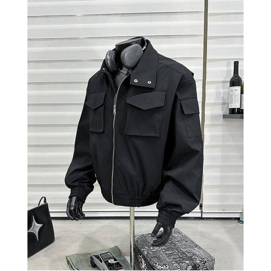 Men's Stand Collar Flight Jacket Short Coat Men's Clothing Tooling Zip-up Shirt GlamzKart