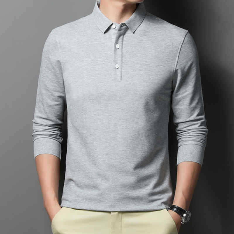 Casual And Comfortable Fashion Classic Solid Color Long Sleeve Lapel Polo Shirt Gray GlamzKart