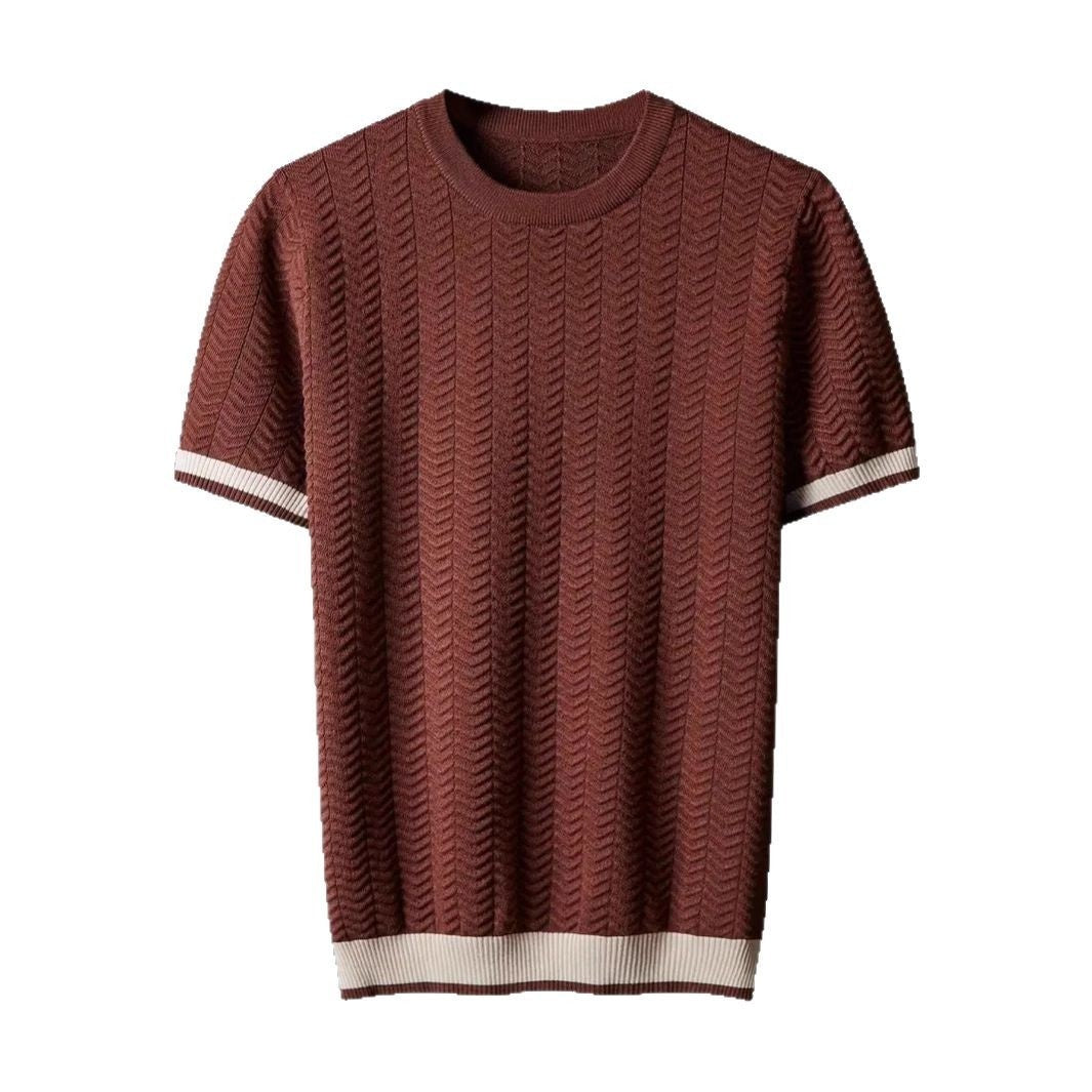 Men's Round Neck Contrast Color Jacquard Texture Slim-fit Short Sleeve GlamzKart