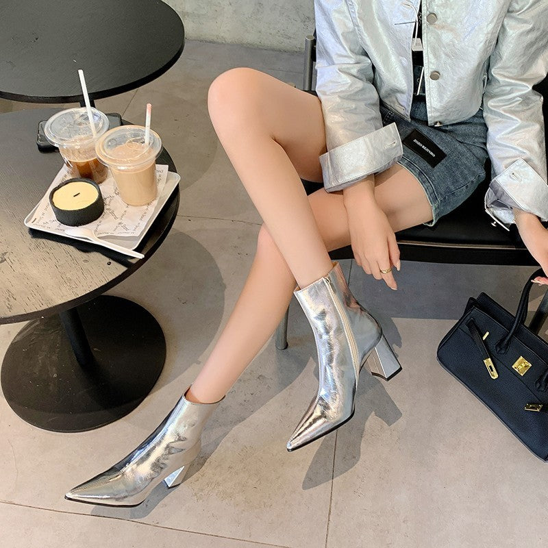 Chunky Heel Retro Ankle Boots Women Pointed French Silver GlamzKart