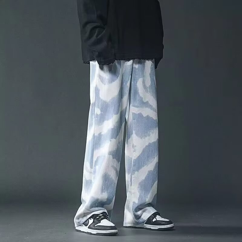 New High Street Tie-dyed Graffiti Wide-leg Pants Men Blue GlamzKart