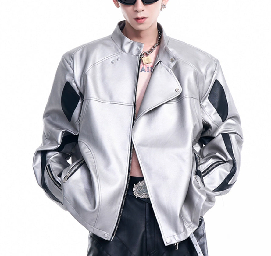 Oblique Placket Motorcycle Jacket SILVER GlamzKart