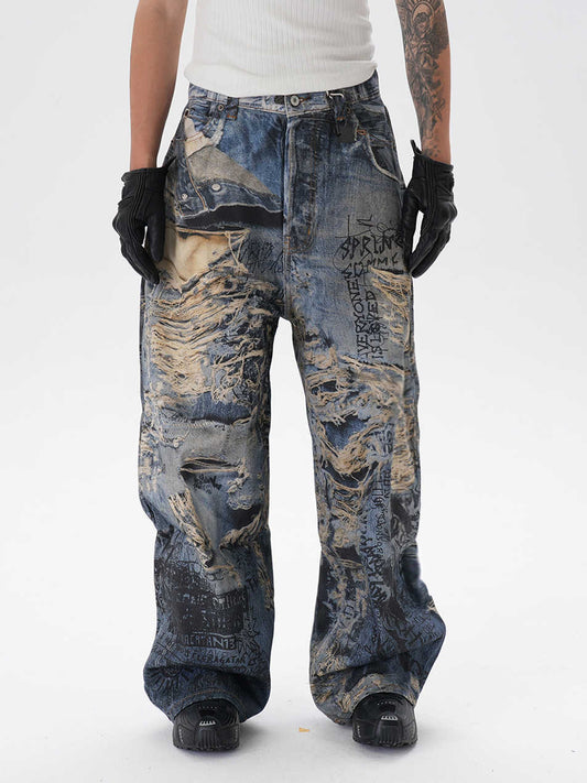3D Digital Printing Ripped Graffiti Straight Jeans GlamzKart
