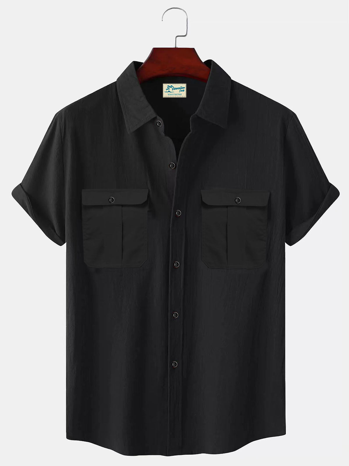 Solid Color Patchwork Linen Cardigan Short Sleeve Loose Lapels Men's Shirt Black GlamzKart