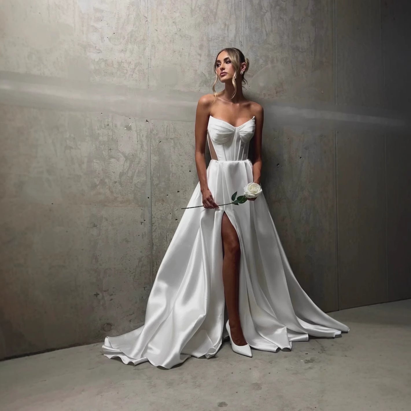White Satin Slit Pocket Bandage Wedding Dress Ivory GlamzKart