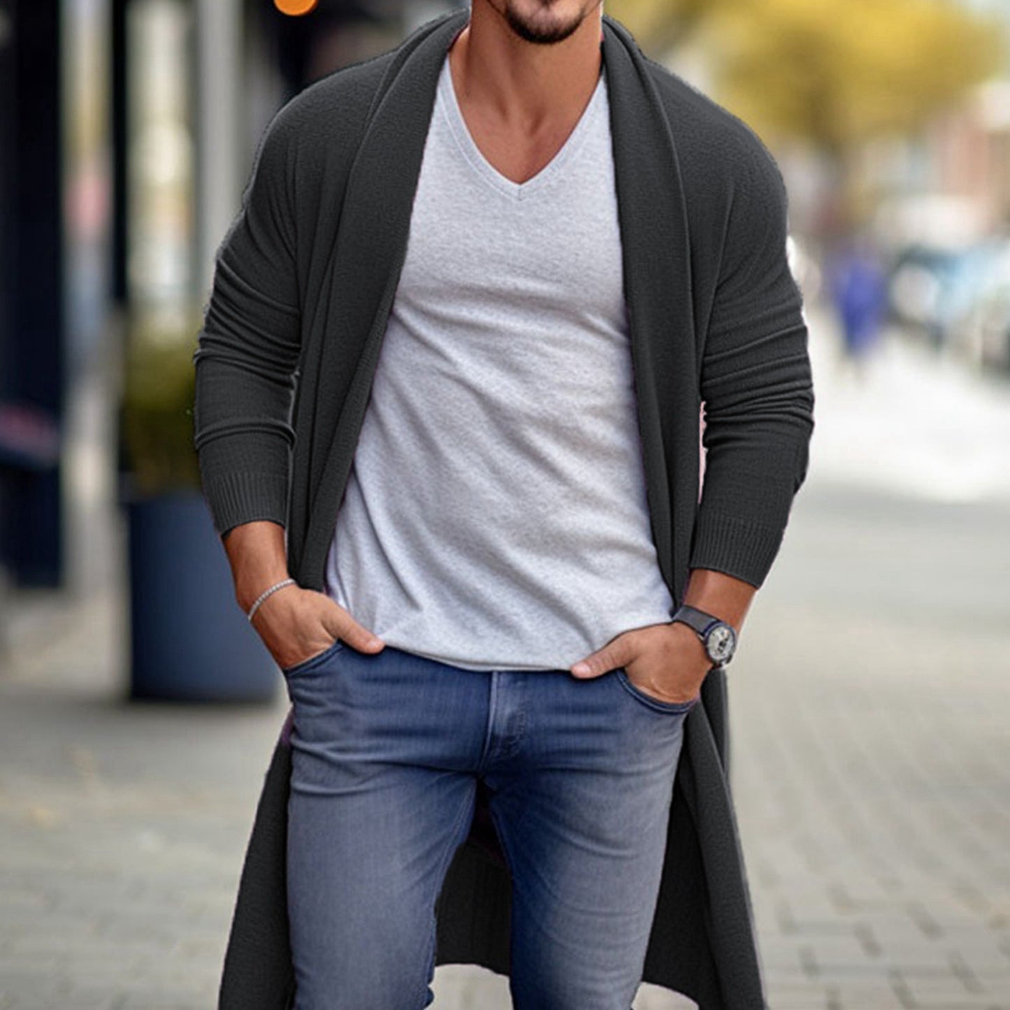 Fashion Personality Men's Loose Long Woolen Coat Black Gray GlamzKart