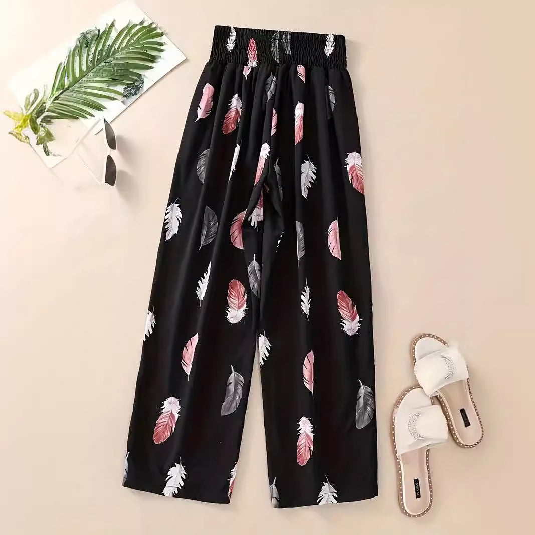 Casual Flower Pants Spring And Summer Thin High Waist Slimming Ice Silk Elastic Floral Straight GlamzKart