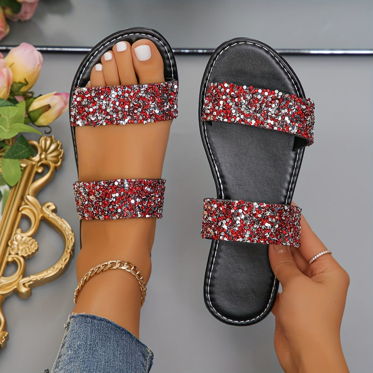 Rhinestone Lightweight Flat Slides - Women's Double Bands Red GlamzKart