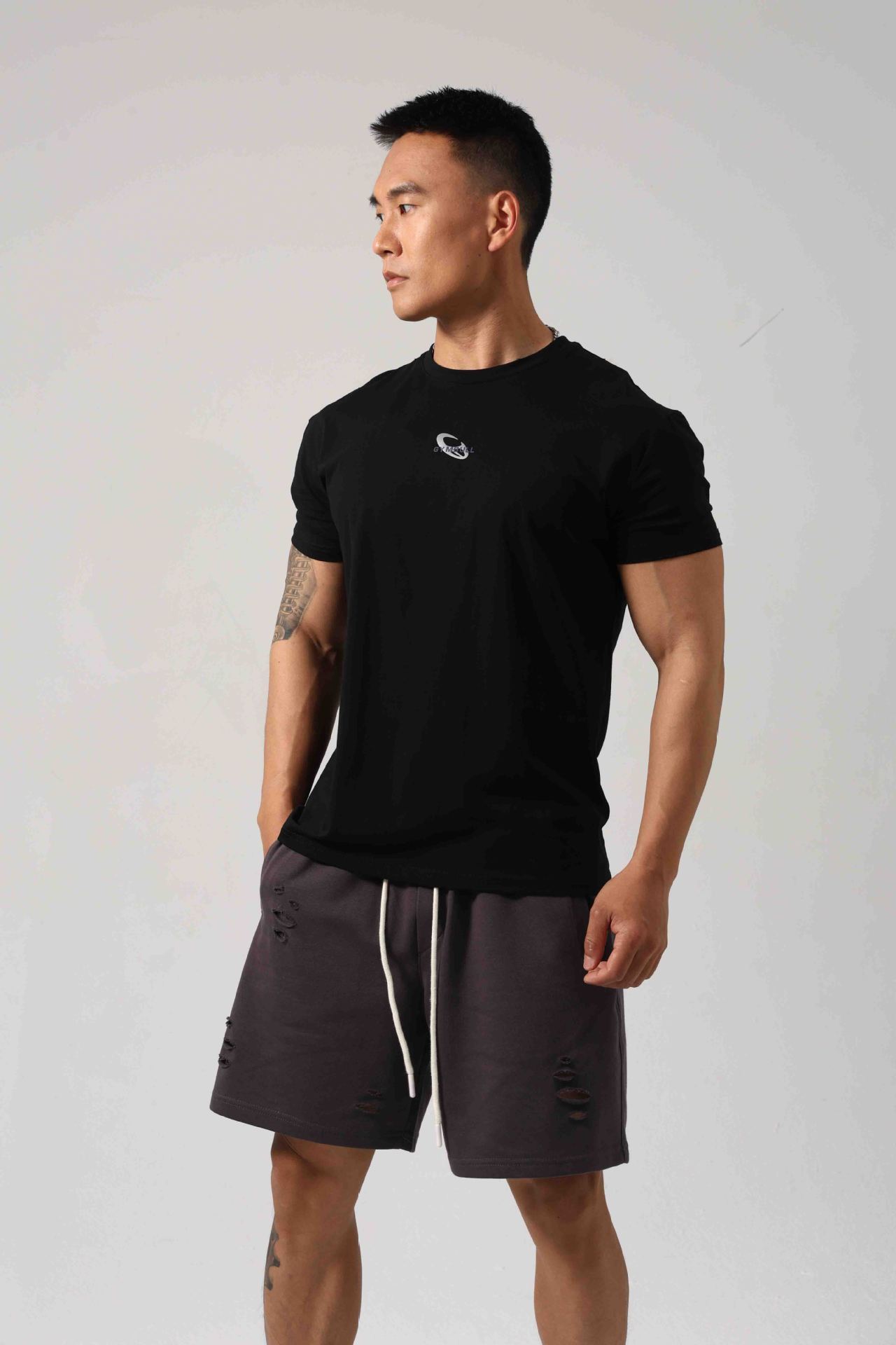 Men's Short Sleeve New Small Neckline Show Muscle Sports Fitness Short Sleeve Printed G81 Black GlamzKart