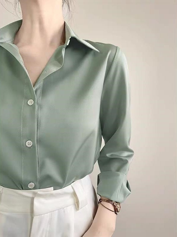 Women's High-grade Green Satin Shirt Middle Gray Green GlamzKart