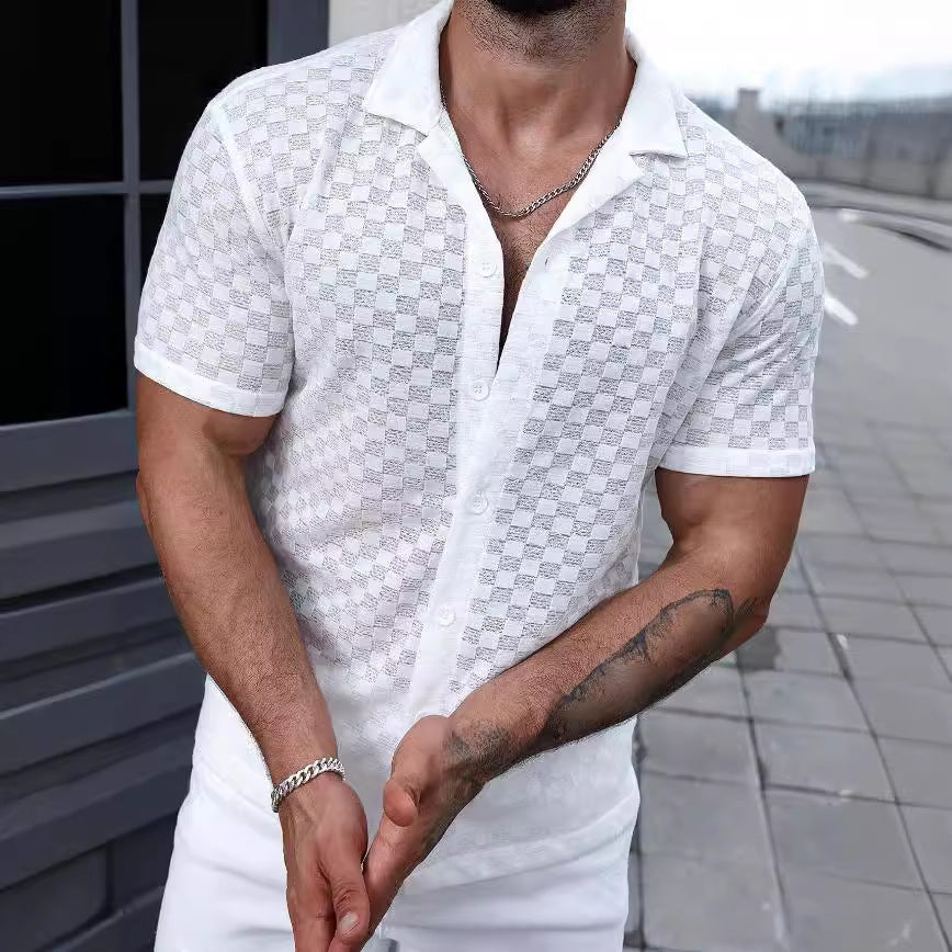 Men's Solid Color Lace Hollow Comfort Casual Shirt GlamzKart
