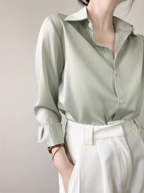 Women's High-grade Green Satin Shirt Light Grayish Green GlamzKart